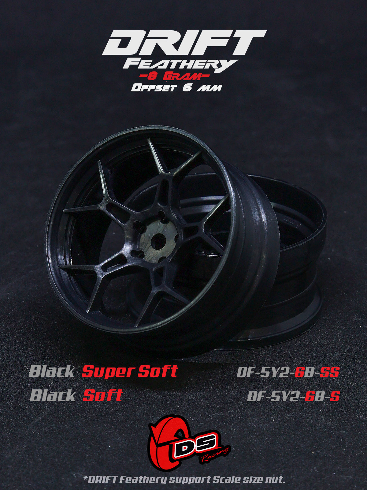 Jantes drift Feathery noires pour RC, lot de 2, super soft, +6mm, par DS Racing, parfaites pour le drift.
