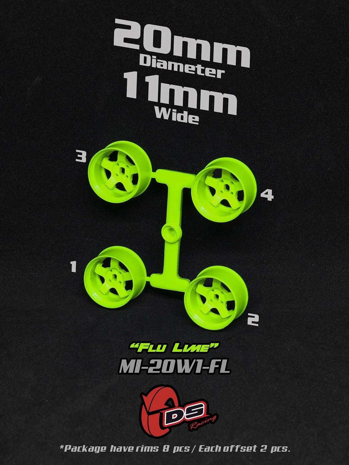 Jantes Lime citron vert DS Racing pour Mini Z W, 20mm diamètre, 11mm largeur, roues de course.