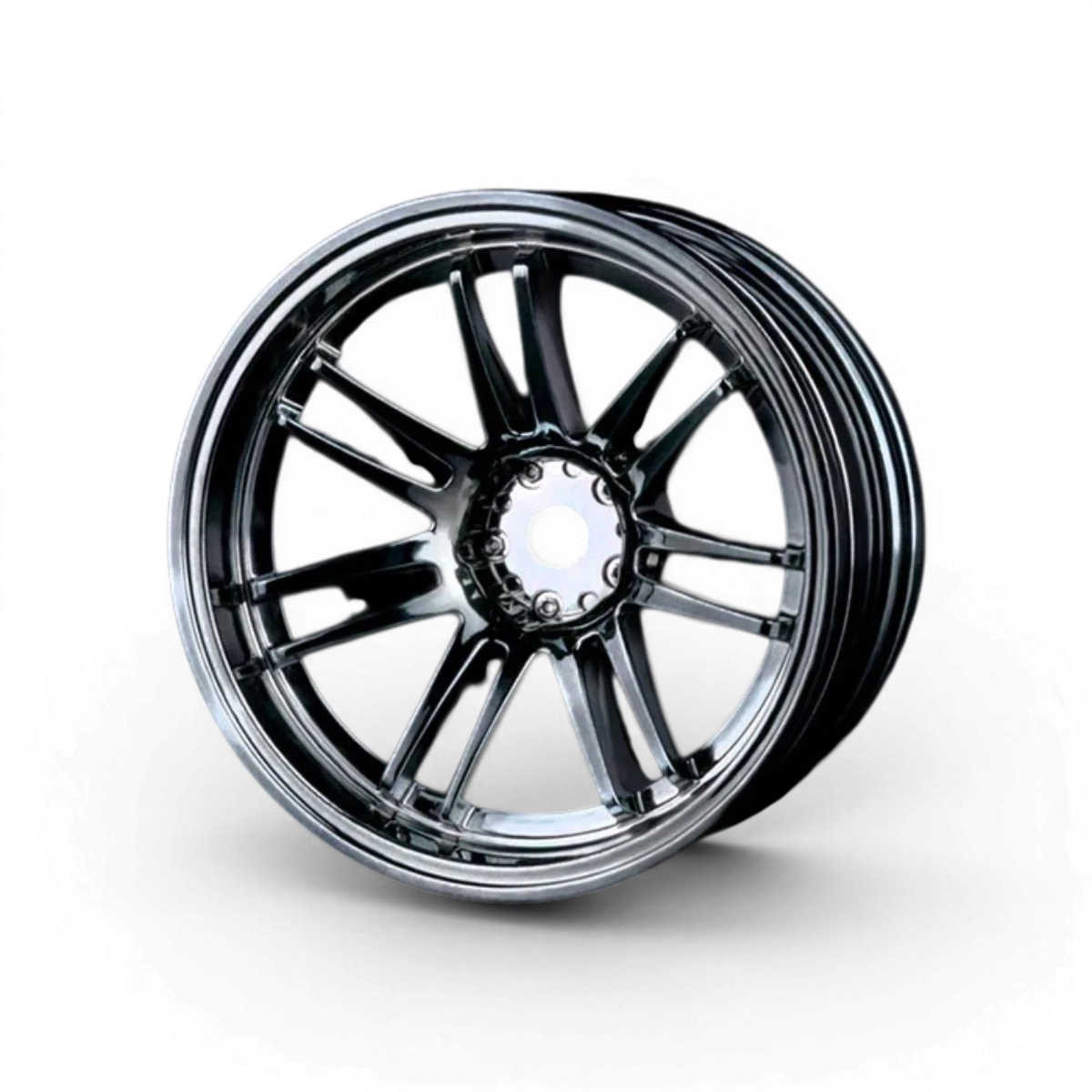 Jantes RE30 +10 en chrome et noires de Max Speed Technology, roues sportives pour voiture, vue de face avec détails brillants et noirs