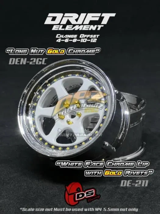 Jantes réglables Drift Element II en blanc et chrome avec visserie or, roues DS Racing pour voitures de drift.