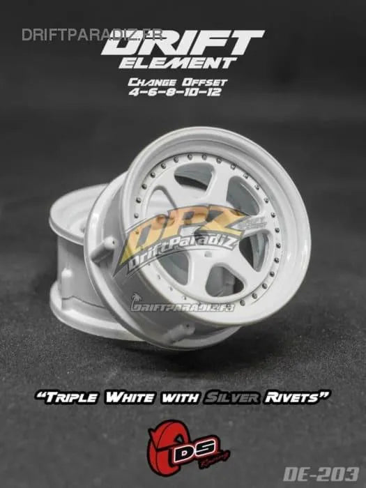 Jantes réglables Drift Element II blanches avec visserie grise de la marque DS Racing, pour voitures drift.
