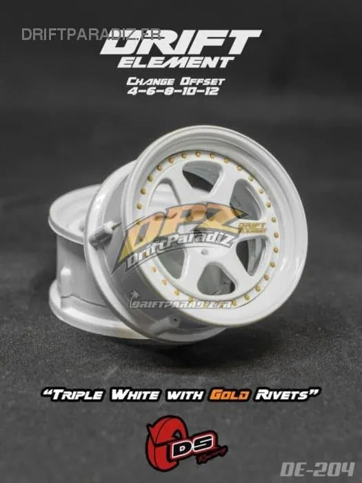 Jantes réglables DS Racing Drift Element II blanches avec visserie or, roues pour voiture de drift.