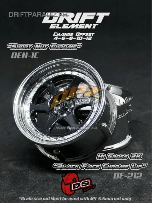 Jantes réglables DS Racing Drift Element II en chrome et noir, avec visserie chromée, pour voitures de drift.