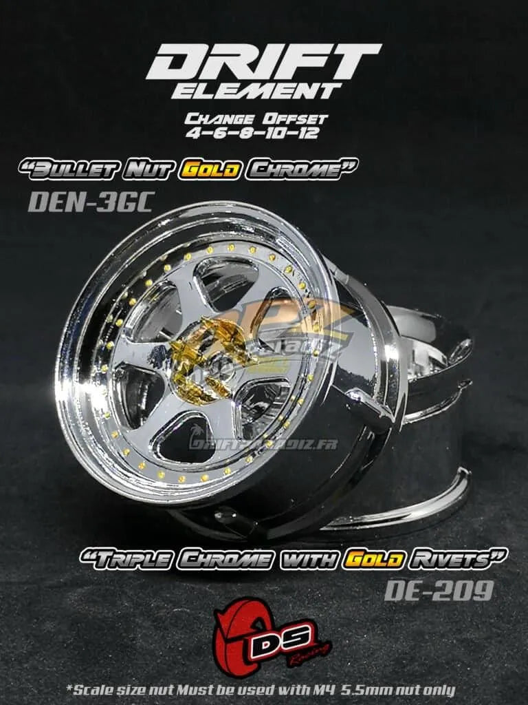 Jantes réglables Drift Element II en chromes avec visserie de la marque DS Racing, visibles en détail dans l'image.