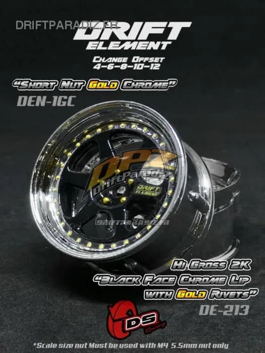 Jantes réglables DS Racing Drift Element II en noir et chrome avec visserie or, vue de face sur un véhicule de drift.