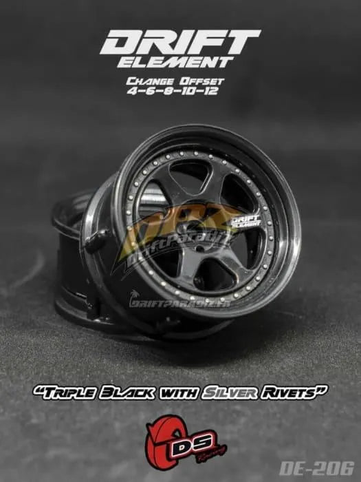 Jantes réglables Drift Element II noires avec visserie grise, roues de voiture DS Racing, design pour drift et performance.