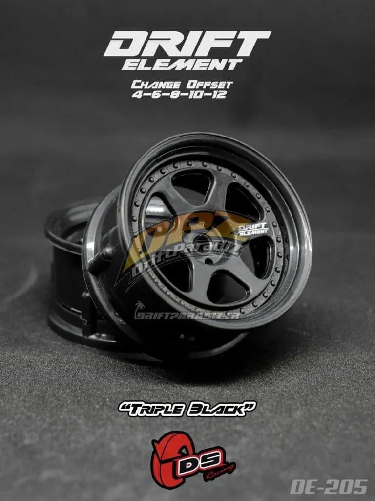 Jantes réglables Drift Element II noires avec visserie noire, compatibles avec voitures de drift, par DS Racing.