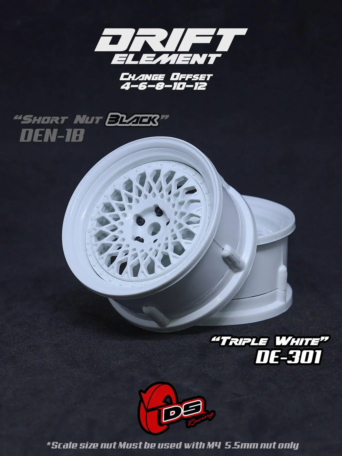 Jantes réglables Drift Element Mesh blanches DS Racing pour voitures de drift, avec design en mesh et fixation réglable.