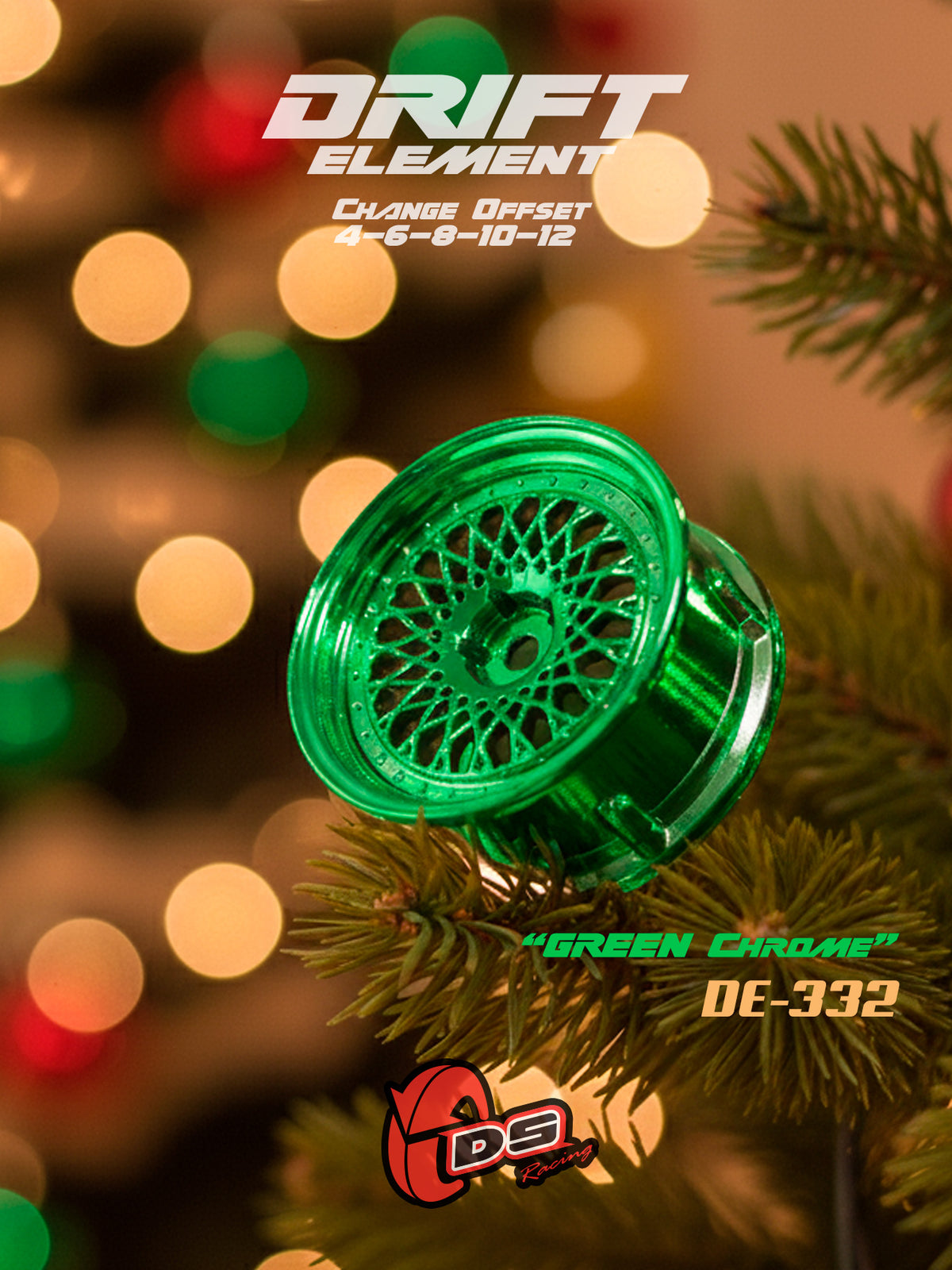 Jantes réglables DS Racing Drift Element Mesh blanches avec rivets chrome vert, roues pour voiture de drift.