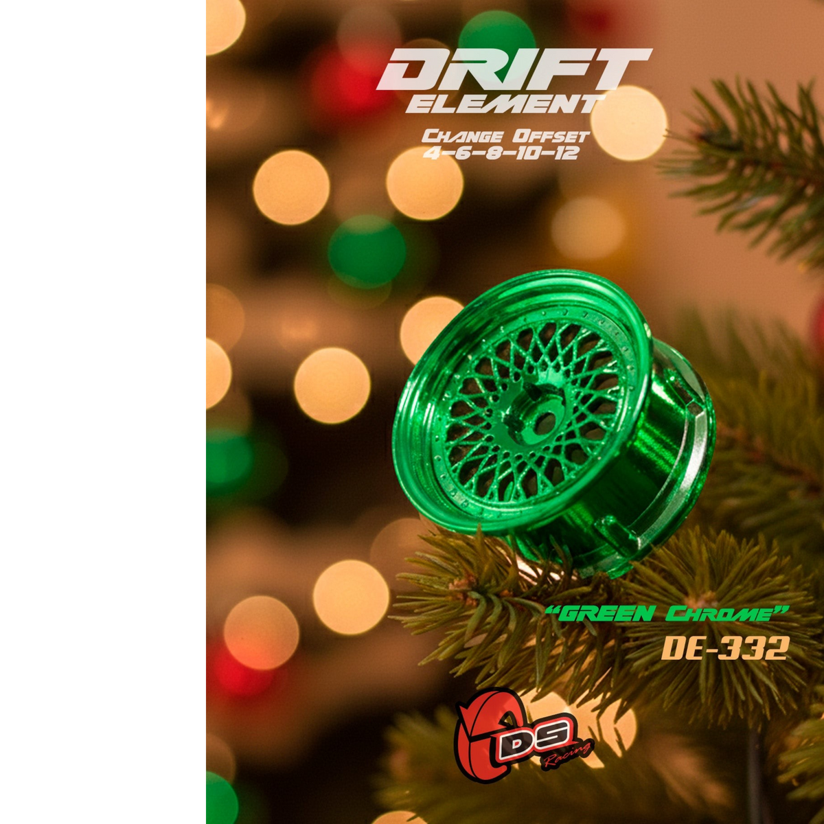 Jantes réglables DS Racing Drift Element Mesh blanches avec rivets chromés verts, roues pour voitures de course.