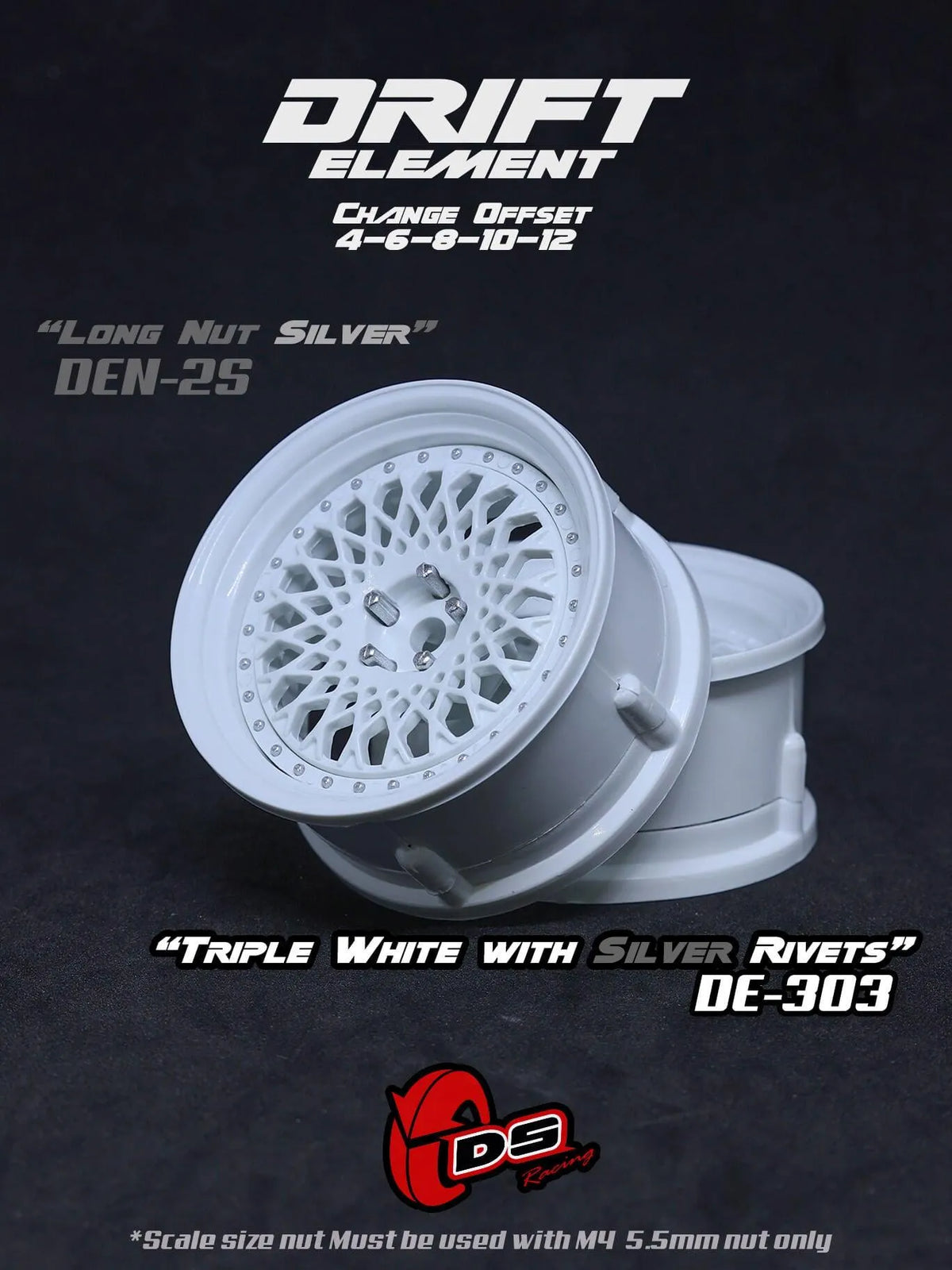 Jantes réglables Drift Element Mesh blanches avec rivets gris, roues de course DS Racing pour voiture de drift.