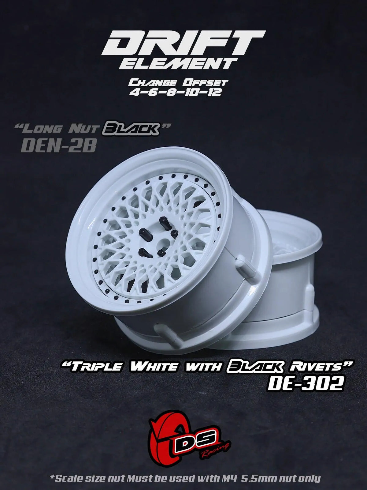 Jantes réglables Drift Element Mesh blanches avec rivets noirs, roues de course DS Racing pour voitures drift.