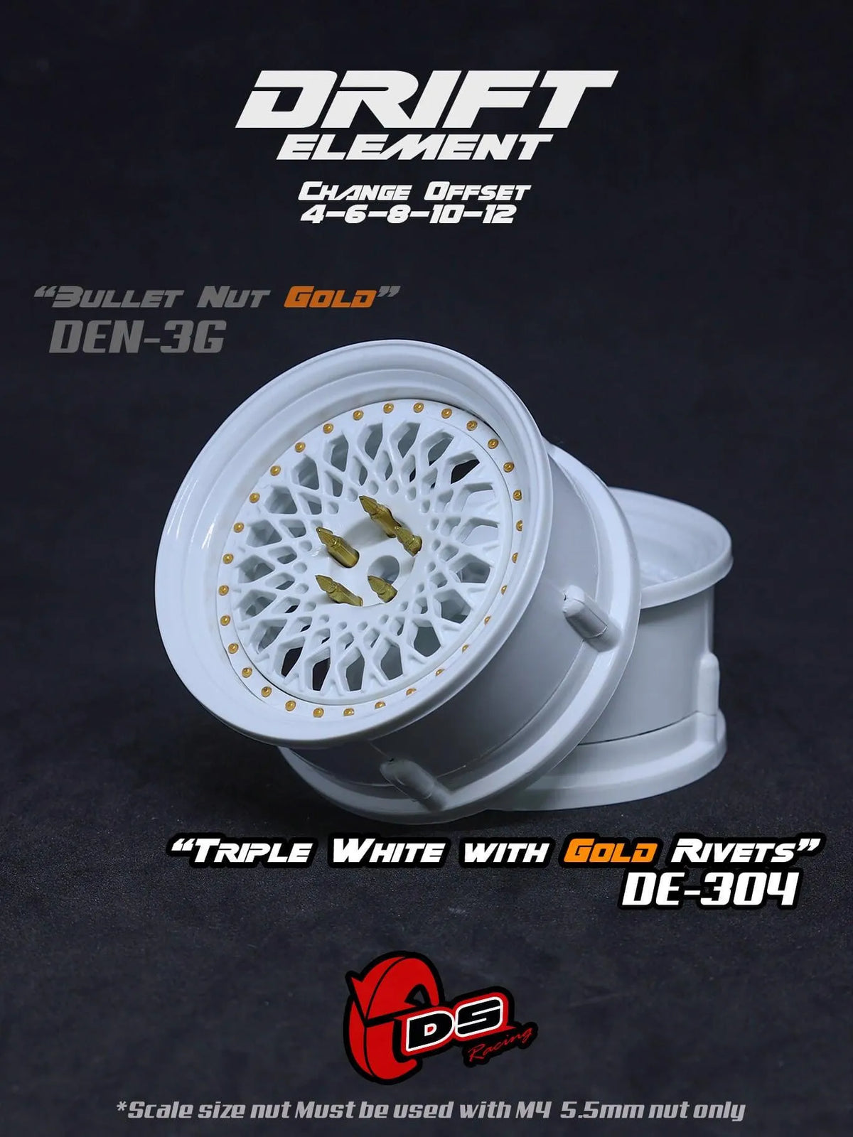Jantes réglables DS Racing Drift Element Mesh blanches avec rivets or pour voitures de drift, vue de face.