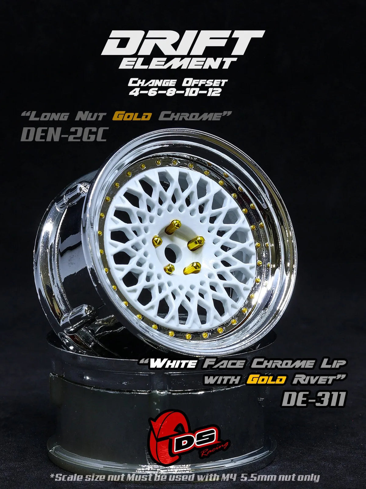 Jantes réglables DS Racing Drift Element Mesh blanches avec rivets or pour voitures de drift, vue de face.