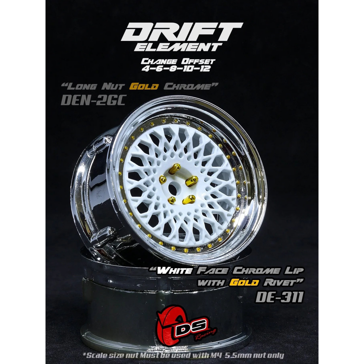 Jantes réglables DS Racing Drift Element Mesh blanches avec rivets or, roues de haute performance pour voiture de drift.