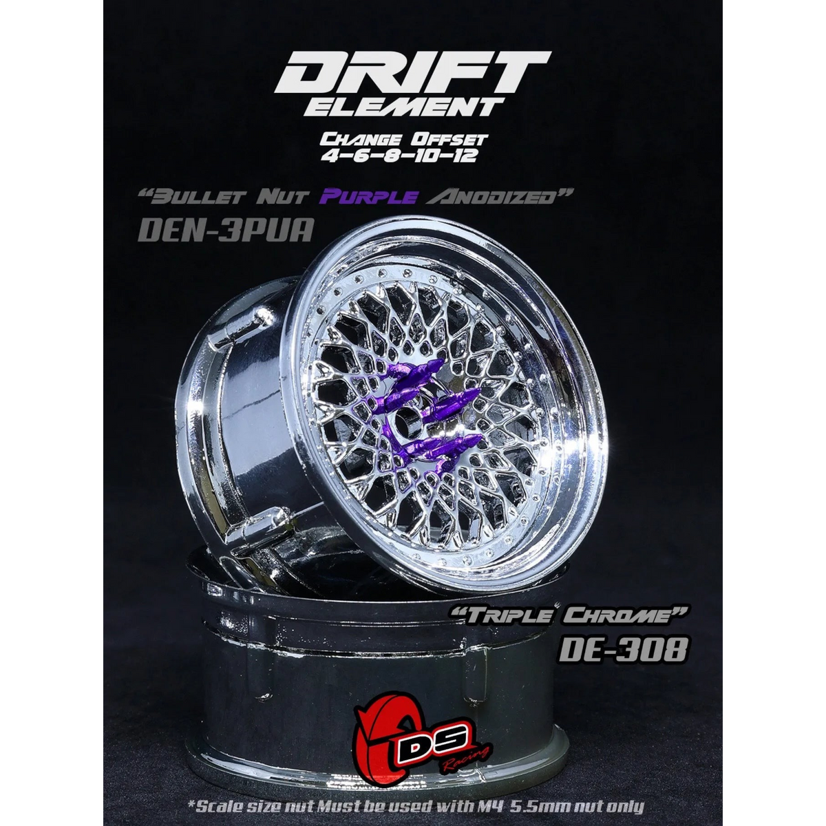 Jantes réglables Drift Element Mesh Chrome de DS Racing, roues sportives avec finition chromée brillante.