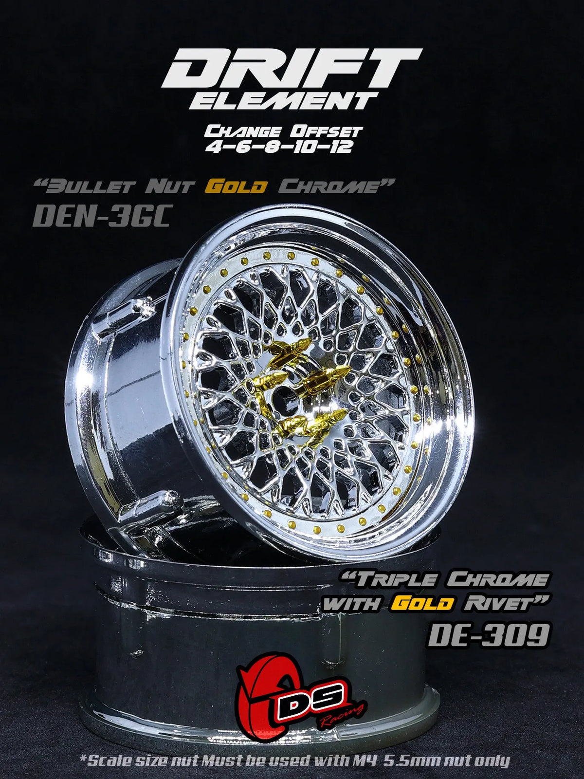 Roues Drift Element Mesh chromées avec rivets, marque DS Racing, jantes réglables pour voitures de drift ou course.