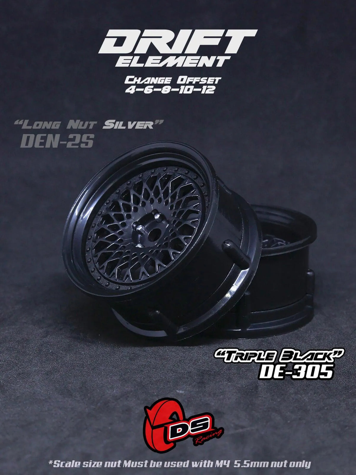 Jantes réglables Drift Element Mesh noires de DS Racing, roues en alliage pour voitures radiocommandées, vue de face.