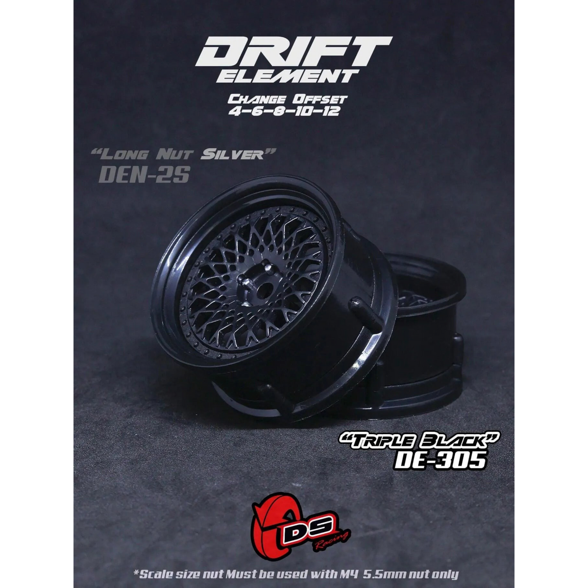 Jantes réglables DS Racing Drift Element Mesh noires pour voitures RC, vue de face avec détails des rayons en mesh.