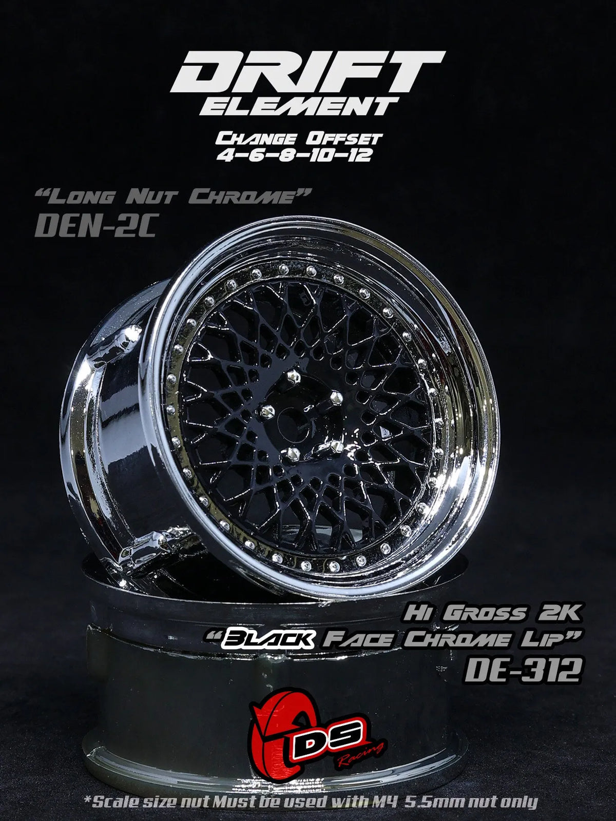 Jantes réglables DS Racing Drift Element Mesh noires avec rivets chromés, roues de voiture de drift, vue rapprochée.