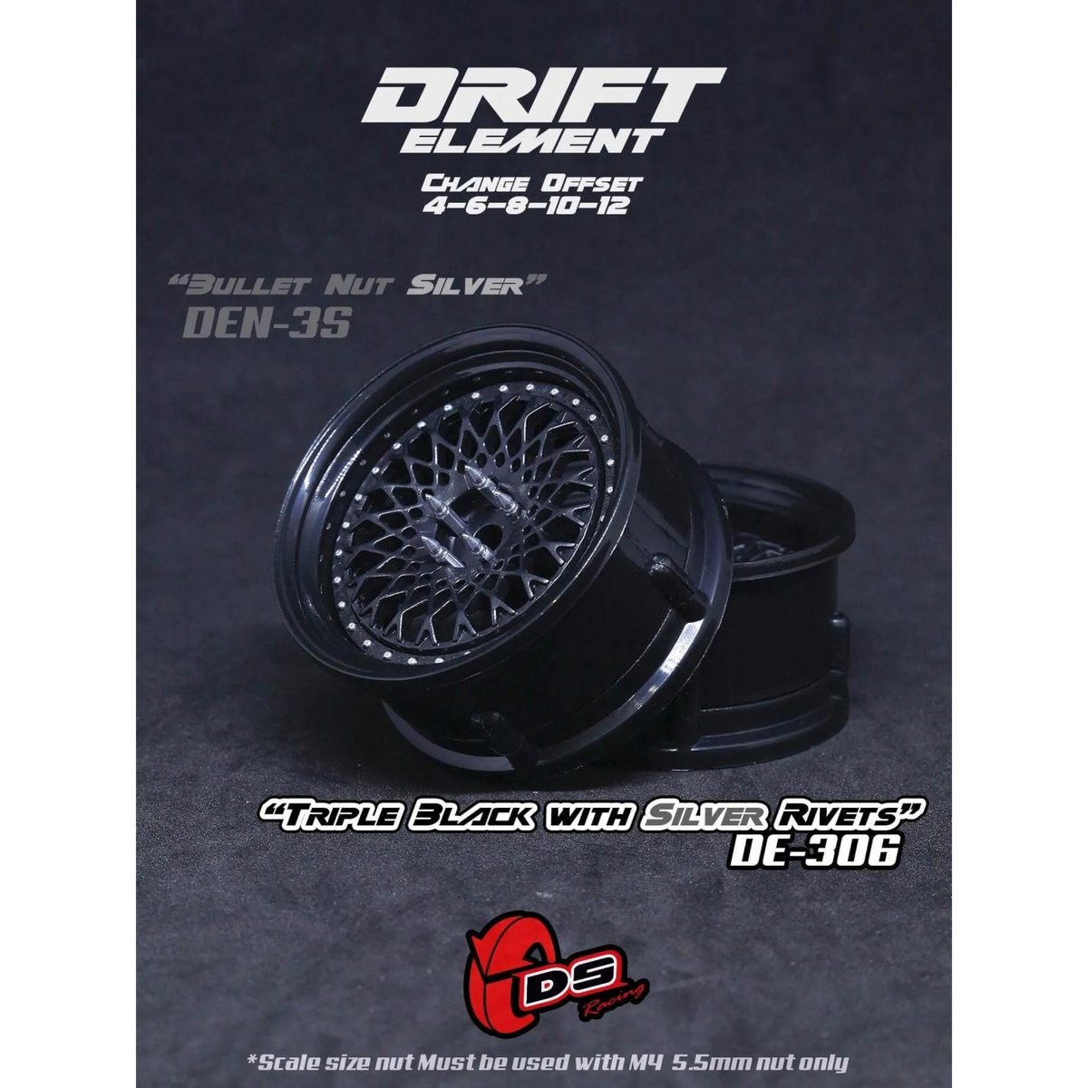 Jantes réglables Drift Element Mesh noires avec rivets gris, roues de marque DS Racing pour voitures de drift.