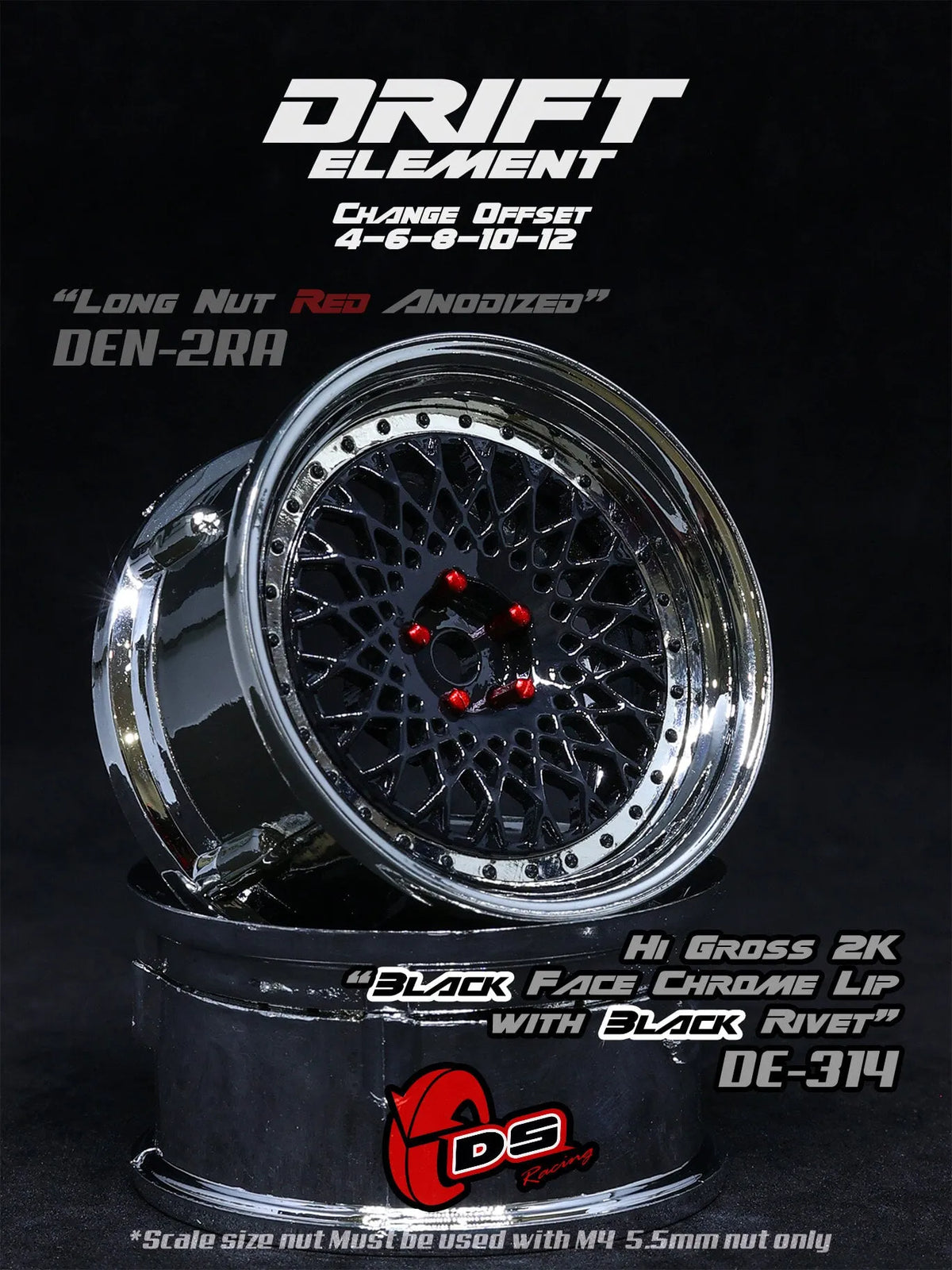 Jantes réglables Drift Element Mesh noires avec rivets noirs, roues DS Racing pour voiture de drift ou course.