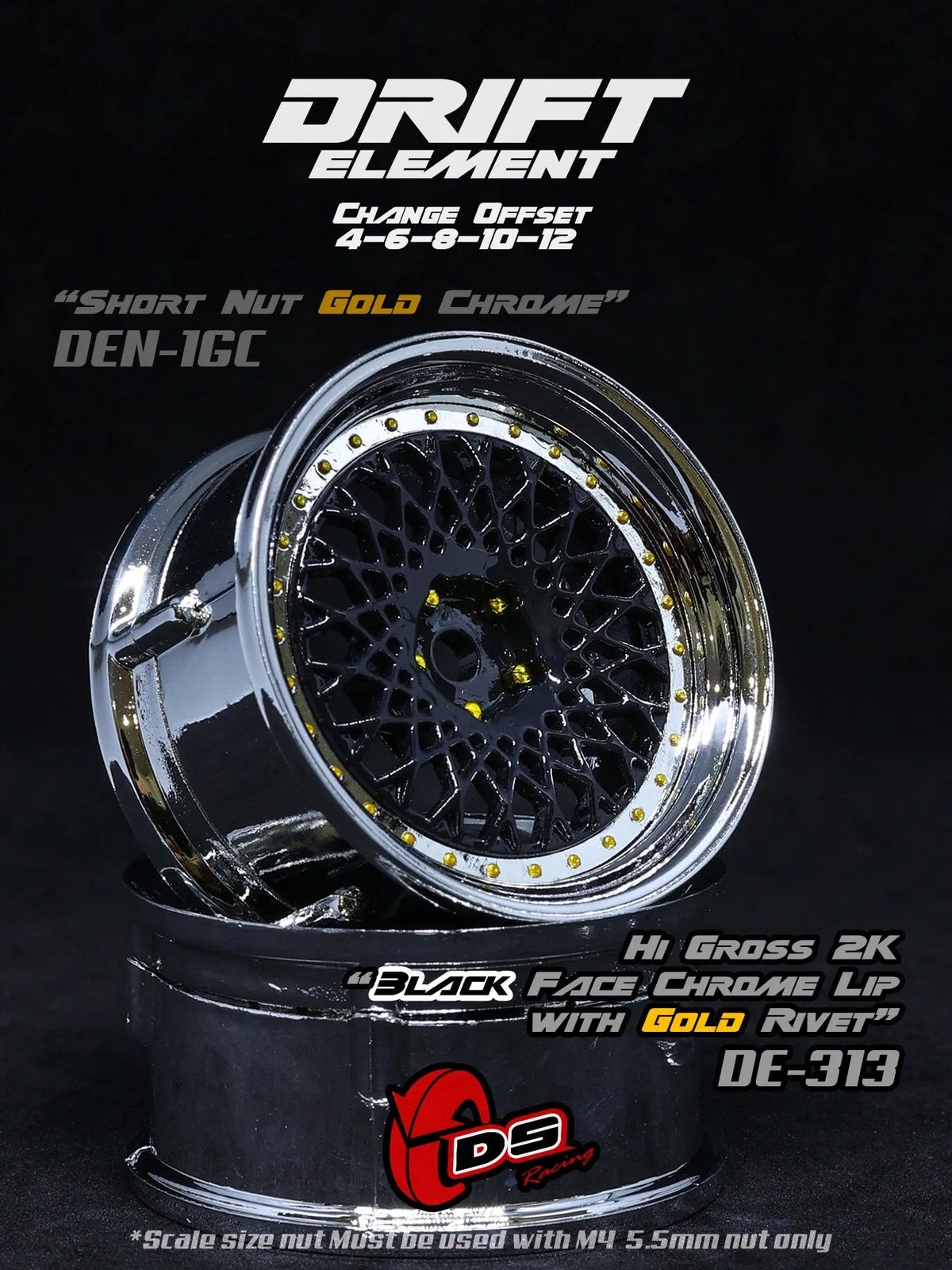 Jantes réglables DS Racing Drift Element Mesh noires avec rivets or, design de roues pour voiture de drift.