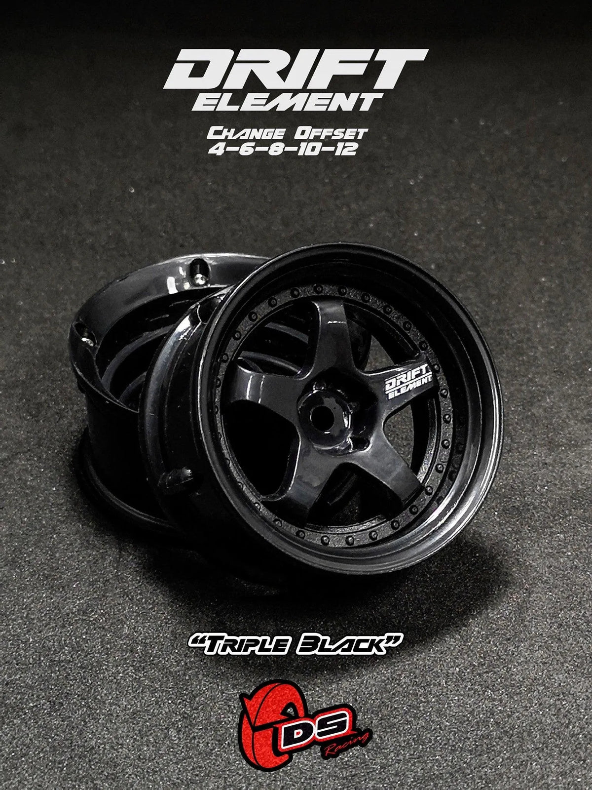 Jantes réglables Drift Element noires avec visserie noire, roues de course pour voitures RC DS Racing.