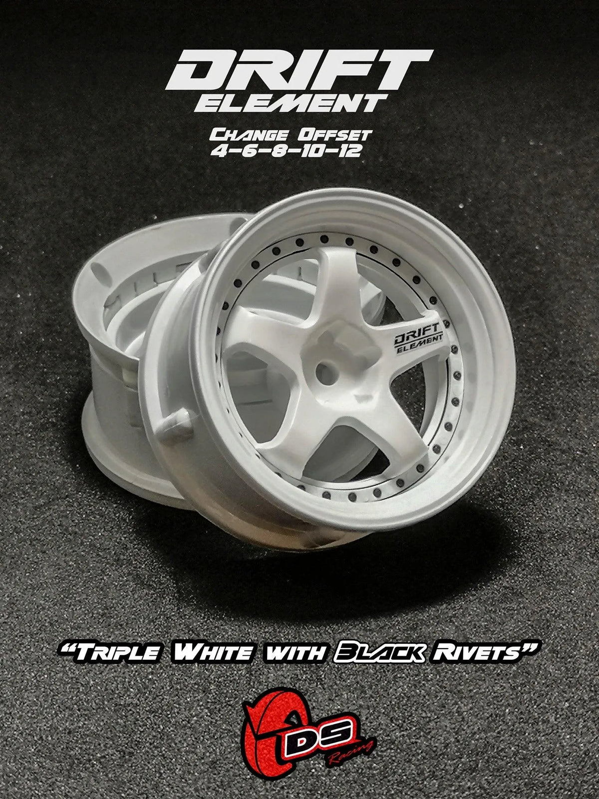 Jantes réglables Drift Elements blanches avec visserie noire, roues de marque DS Racing pour voitures de drift.