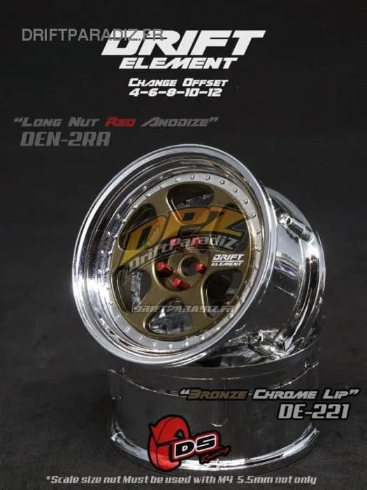 Jantes réglables Drift Elements en bronze et chrome avec visserie chrome, conçues pour voitures de drift DS Racing.