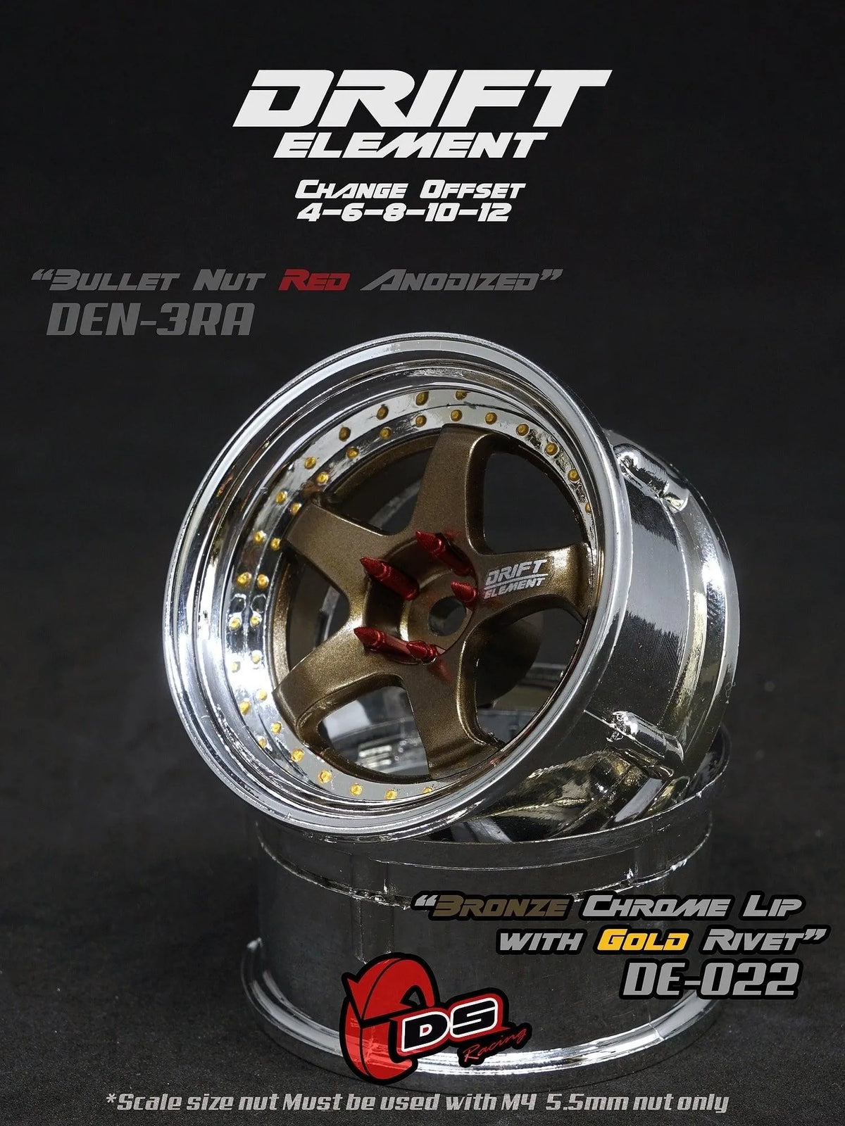 Jantes réglables Drift Elements en bronze, chrome avec visserie or, pour voitures de course DS Racing, visibles en détail.