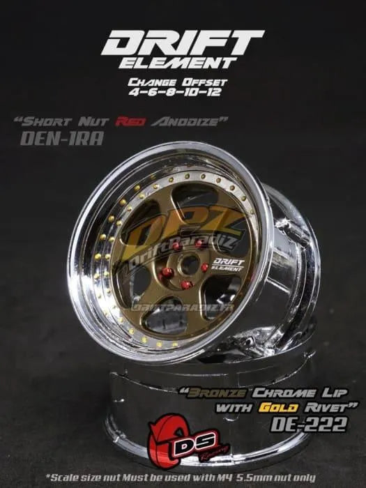 Jantes réglables Drift Elements en bronze, chrome, avec visserie or, conçues pour voitures de drift, marque DS Racing.