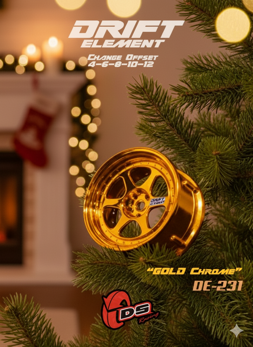 Jantes réglables Drift Elements Chrome Or DS Racing, roues de voiture sport avec finition chromée brillante, vue de face.