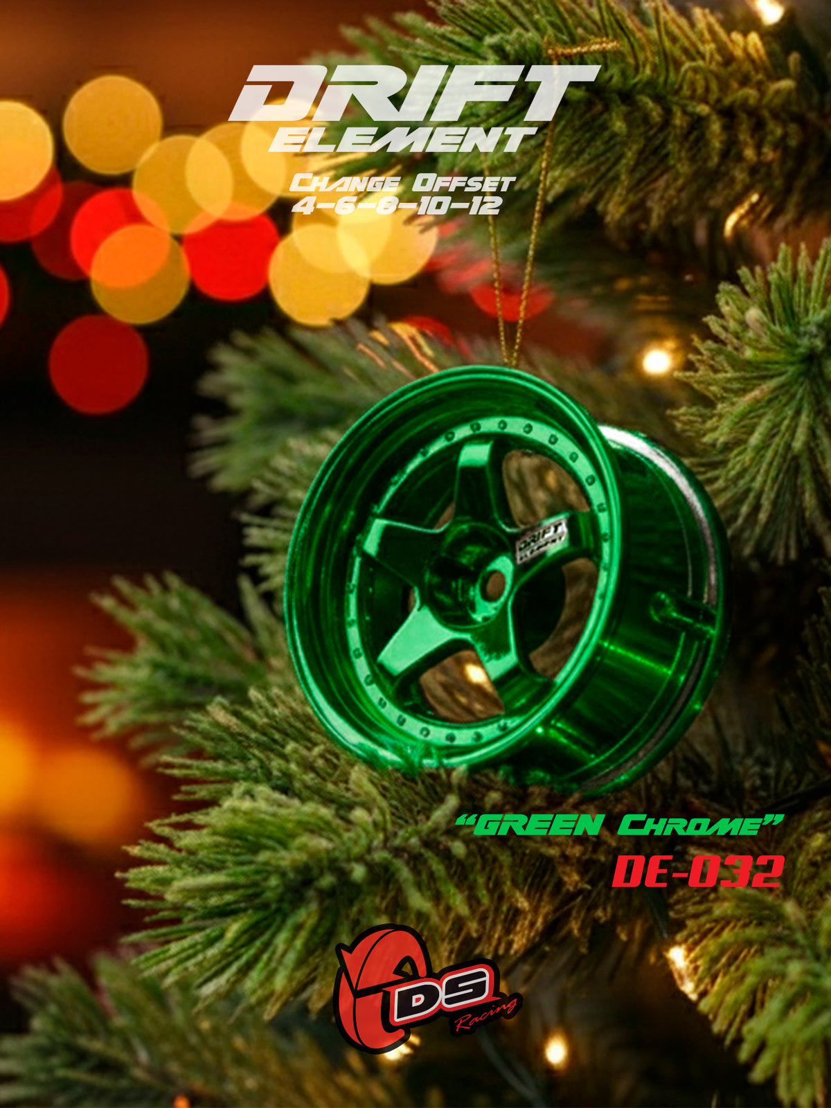 Jantes réglables Drift Elements Chrome Vert de DS Racing, roues de voiture, finition chromée et vert vif.