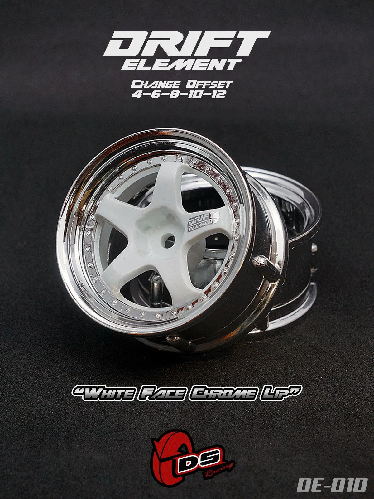 Jantes réglables Drift Elements chromées et blanches avec visserie Chrome, pour voitures de drift, par DS Racing.