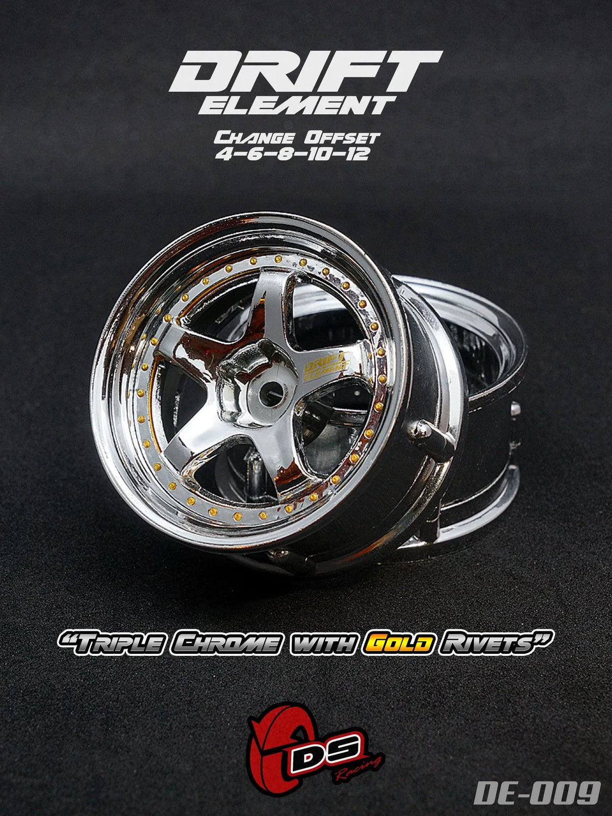Jantes réglables Drift Elements chromées avec visserie or de la marque DS Racing, pour voitures de drift.