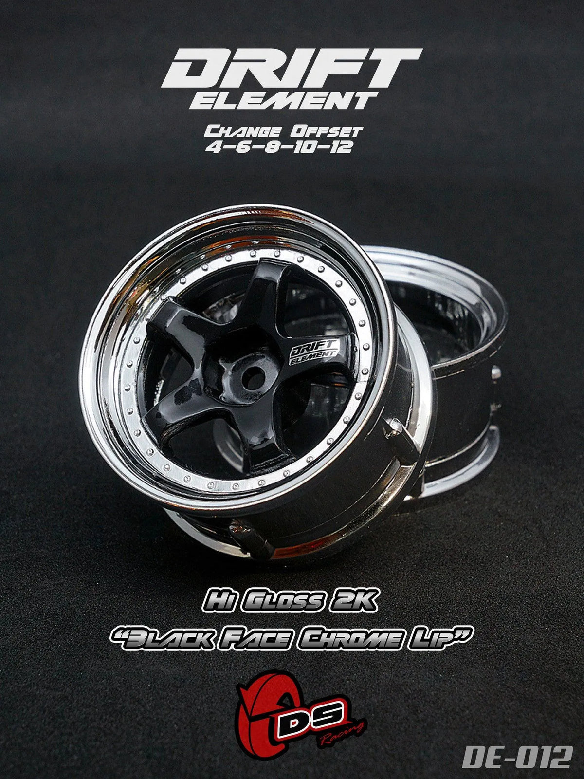 Jantes réglables DS Racing Drift Elements en chrome et noir avec visserie chromée, pour voitures de drift.
