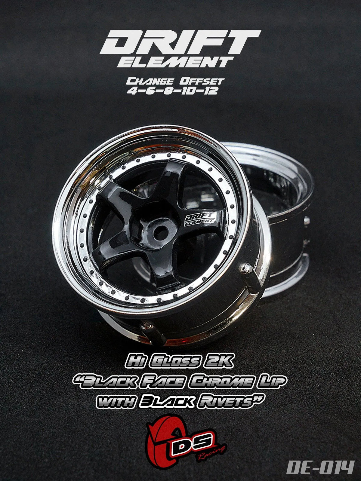 Jantes réglables Drift Elements de DS Racing, chromées ou noires avec visserie noire, pour voitures de drift.