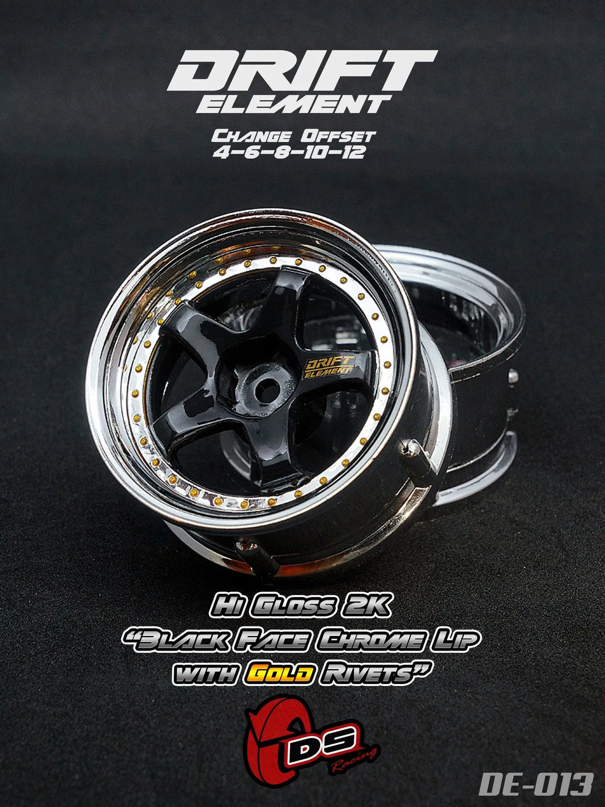 Jantes réglables Drift Elements en chrome et noir avec visserie, conçues pour voitures de drift, marque DS Racing.