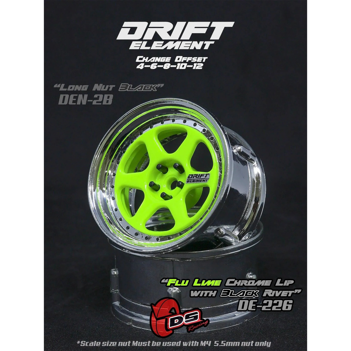 Jantes réglables Drift Elements DS Racing en citron, chrome et noir, sur une voiture de course ou modèle de drift.