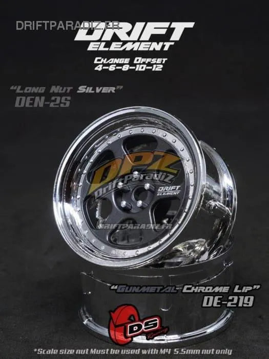 Jantes réglables Drift Elements en métal noir et chrome avec visserie chromée, conçues pour voitures RC DS Racing.