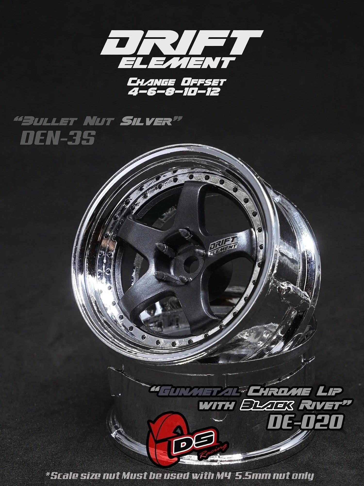 Jantes réglables Drift Elements Gun Metal/Chrome/visserie noire - DS Racing - DriftParadiZ