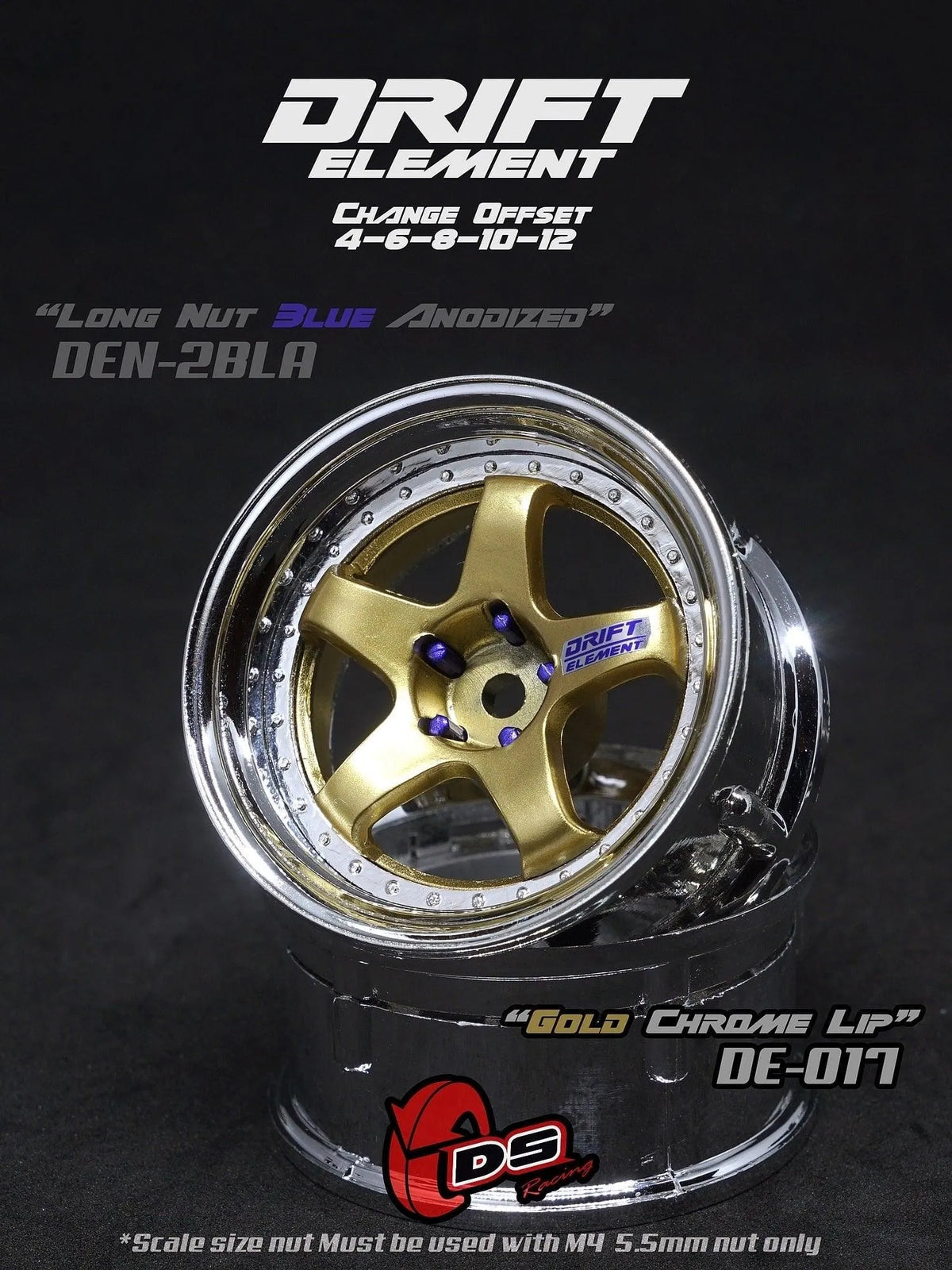 Roues réglables Drift Elements DS Racing en or et chrome avec visserie chromée, visibles sur la jante en image.