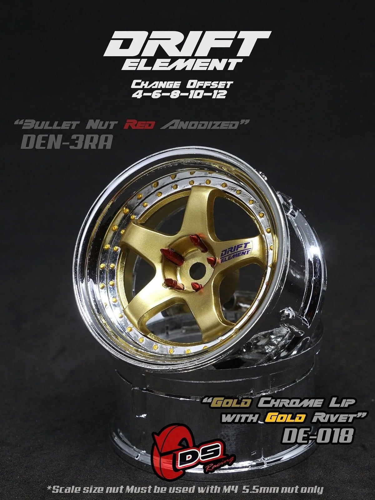 Jantes réglables Drift Elements DS Racing en or et chrome avec visserie dorée, pour voitures de drift.