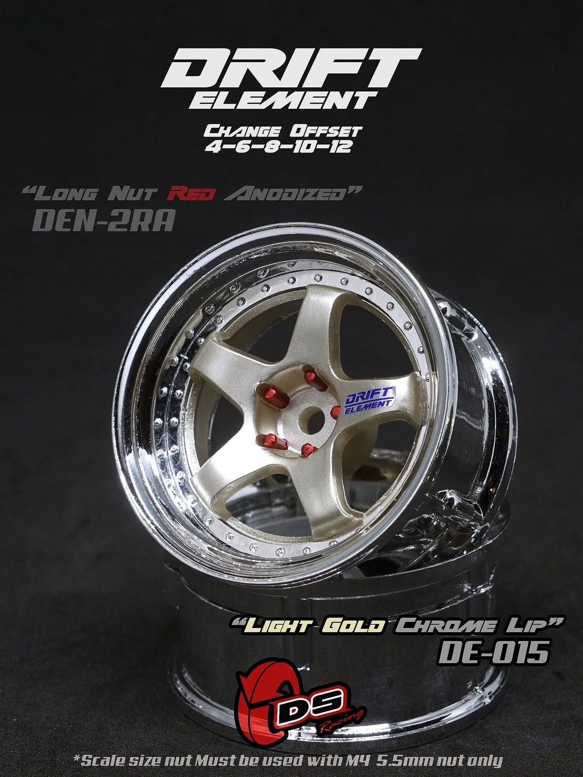 Jantes réglables Drift Elements en alliage léger, finition chrome avec rivets chromés, marque DS Racing.