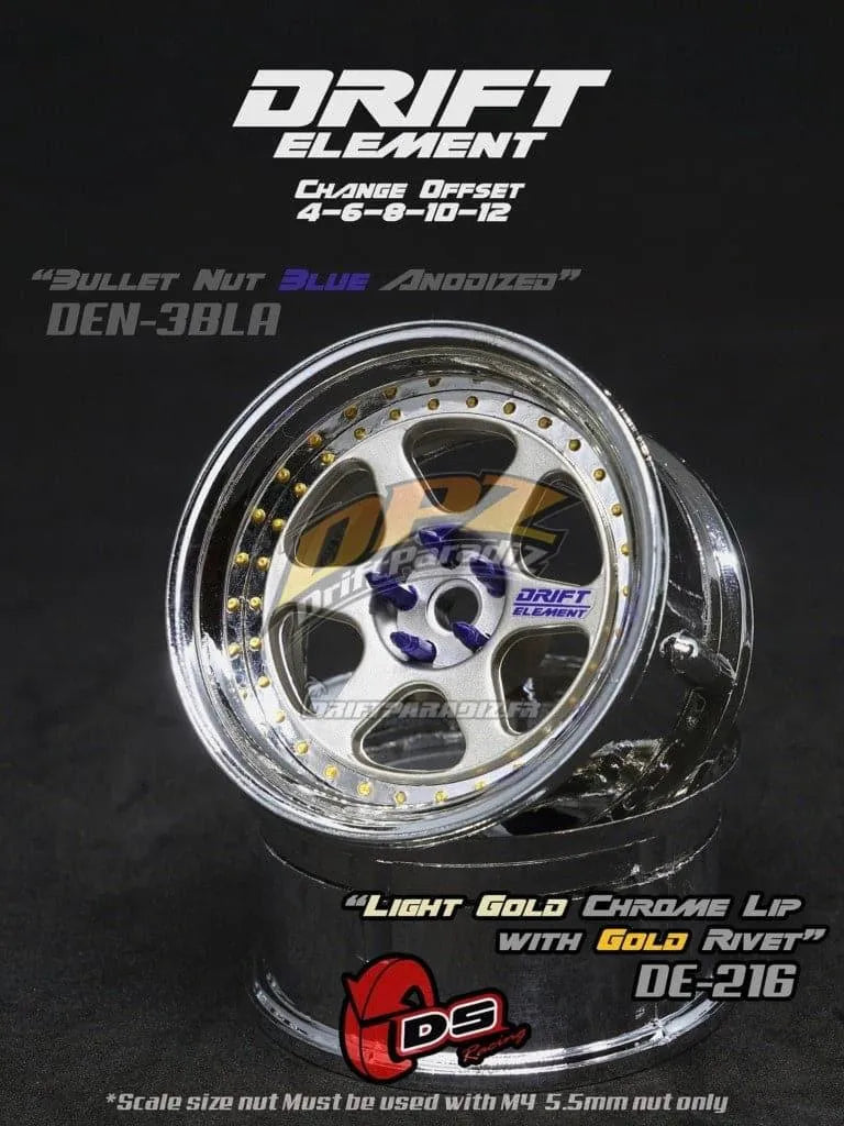 Jantes réglables Drift Elements DS Racing en chrome léger avec visserie dorée, pour voitures de drift.