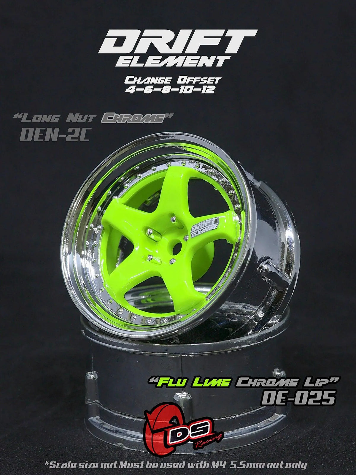 Jantes réglables DS Racing Drift Elements vert fluo et chrome, roues sportives pour voitures de drifting.