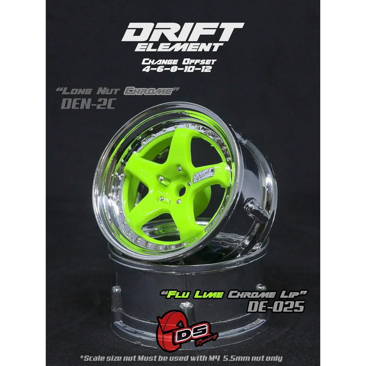 Jantes réglables DS Racing Drift Elements vert fluo et chrome, roues sportives pour voitures de drift.