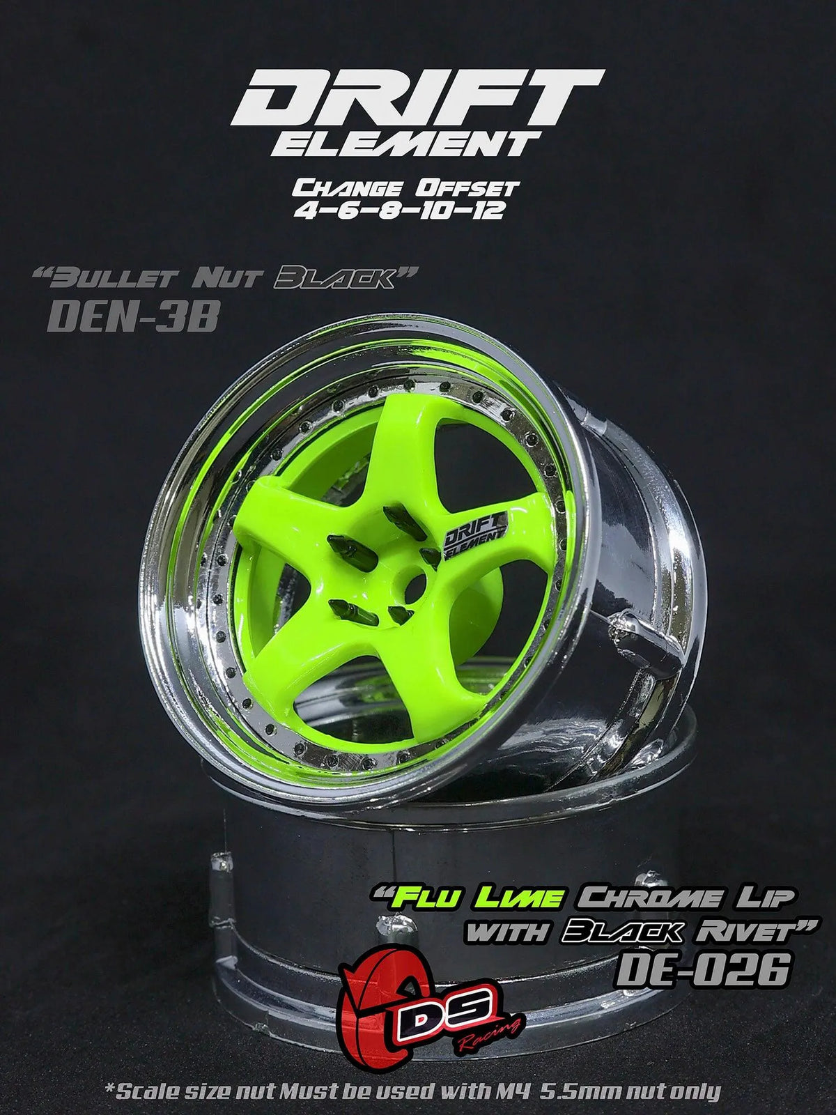 Jantes réglables Drift Elements vert fluo, chrome et noir de DS Racing, pour voitures radiocommandées, en vue de face.