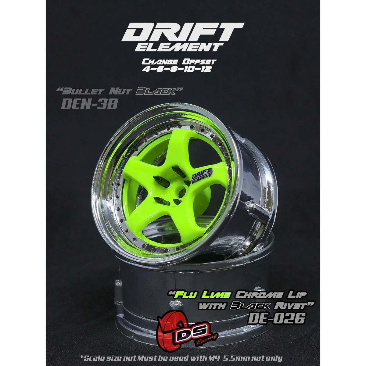 Jantes réglables Drift Elements vert fluo, chrome et noir, pour voitures, marque DS Racing, image montrant les roues.